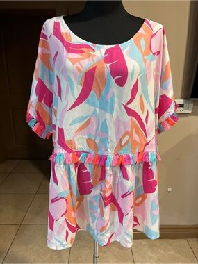 Women's Multicolor Tassel-Trim Blouse - Pink/Coral/Blue